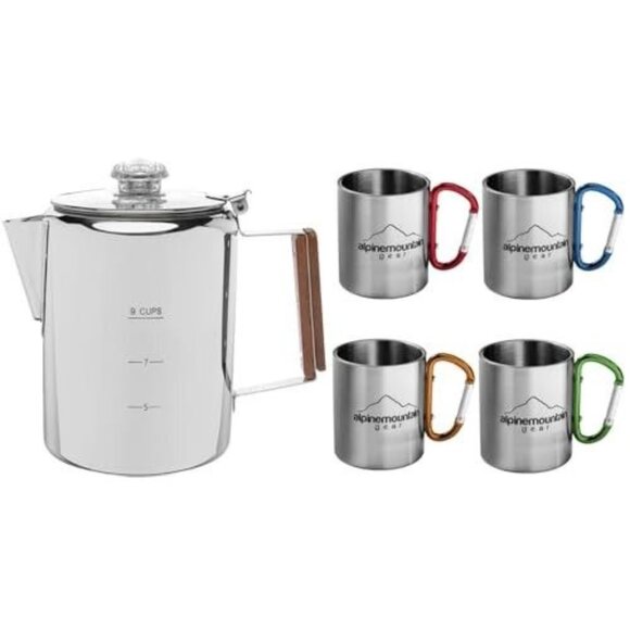 Alpine Mountain Gear 9 cup Percolator 5-Piece Stainless Steel Coffee Set - Picture 1 of 12
